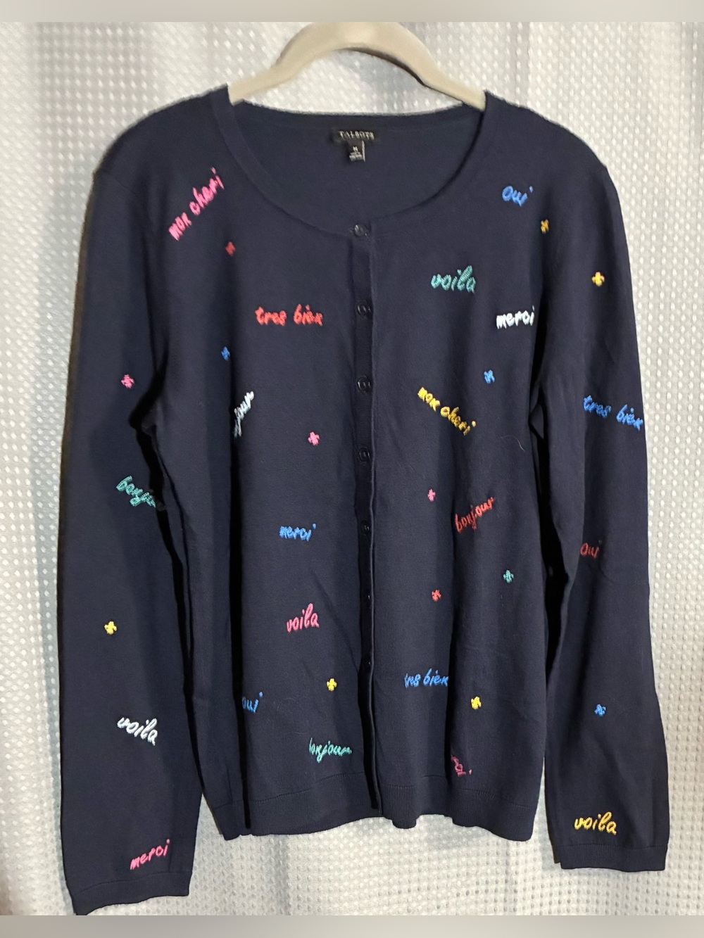 Talbots Embroidered Cardigan Sweater Sz M French Phrases Novelty whimsy Collect